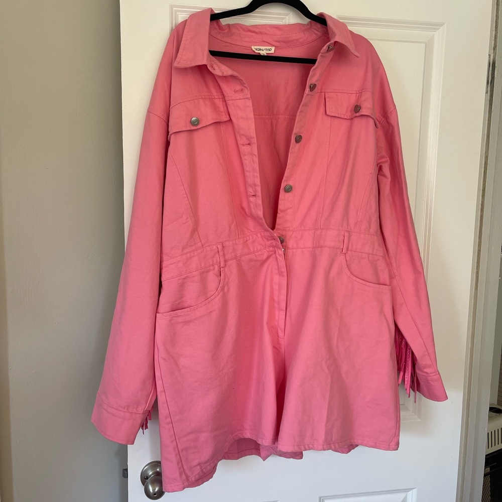 Pink Denim Romper with Bedazzled Fringe